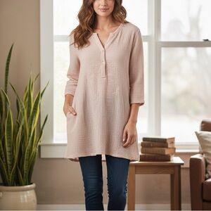 Pure Jill gauze, quarter length sleeve, pull over tunic 100% cotton